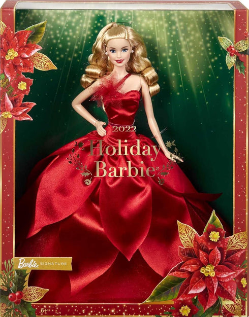 Barbie Signature 2022 Holiday Doll, Blonde Wavy Hair Wearing Red Poinsettia-Inspired Gown, Collectible with Doll Stand & Certificate of Authentici...