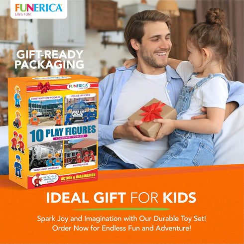 FUNERICA 10-Set Toy People Figures - Bendable Fireman, Police, Construction Workers, Community Helpers, Play Little People Toys Figurines Dollhous...