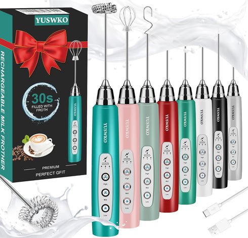 YUSWKO Milk Frother Handheld for Coffee, Rechargeable Drink Mixer with 3 Heads 3 Speeds Electric Coffee Frother Whisk, Gift for Many Occasions and...
