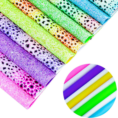 10pcs Colorful Rainbow Leopard Printed Faux Leather Sheets 8x12 inch Shiny Candy Color Glow in The Dark Chunky Glitter Girl Fabric for Bows (Rainb...