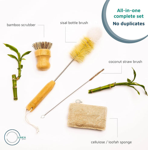 Bamboo Dish Brush Set, Complete Sustainable & Compostable Sponge and Scrubber Set, Eco Friendly Cleaning Products, Bamboo Cleaning Brush, Wooden K...