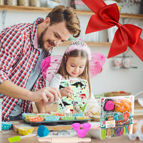 TEUVO Kids Baking Chef Set 35 Pcs with Dinosaur Apron and Mitt, Cooking Chef Dress Up Role Play Kitchen Toys Set for Kids Aged 3 4 5 6 7 8...