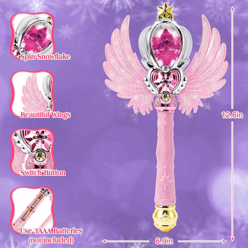 Light Up Snowflake Wand with Spinning LEDs and Sound Magic Princess Toys for Kids Girls Birthday Cosplay Party Favors, Pink...