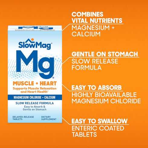 SlowMag Muscle + Heart Magnesium Chloride with Calcium Supplement to Support Muscle Relaxation, Occasional Muscle Cramping & Heart Health, High Ab...