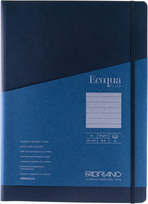 Fabriano Ecoqua Plus Hidden Spiral-Bound Notebook, 8.3" x 11.7", A4, Lined, Navy...