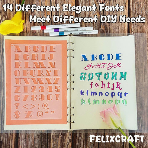 Letter Stencils, 14PCS 8.2x5.5” Plastic Reusable Alphabet Stencils in Different Fonts, Lettering Stencils for A5 Bullet Journals, Stencils for Pai...