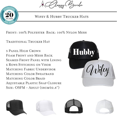 Classy Bride Wifey and Hubby Trucker Hats Black, White...