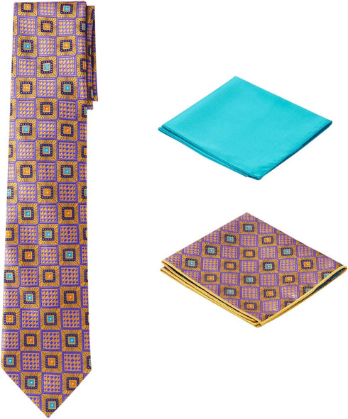 Men's Woven Medallion Regular Length Neck Tie with 2 Handkerchief Pocket Squares Hanky Set - Gold Black Teal...