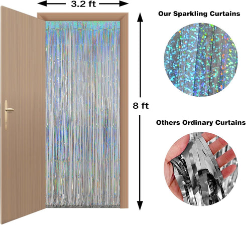 Melsan Foil Curtain, 2 Pack 3.2 ft x 8.2 ft Silver Tinsel Foil Fringe Curtains Backdrop, Sparkle Metallic Foil Curtains for Independence Disco Bac...