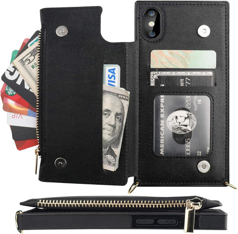 Bocasal Crossbody Wallet Case for iPhone X Xs with Card Holder,Zipper Card Slot Protector Shockproof Purse Cover with Removable Cross Body Strap 5...