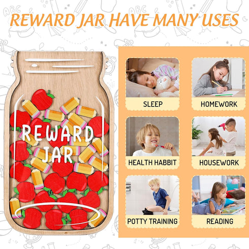 Back to School Wooden Reward Jar Apple Pencil Wooden Cutouts Positive Incentive Behavior Chart with Wooden Base Management Tools for Student Teach...