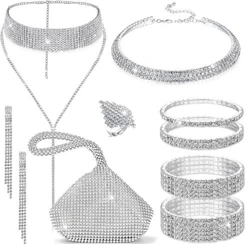 EIELO Rhinestone Jewelry Set for Women Wedding Bridal Triangle Bling Clutch Bag Glitter Choker Necklace Tennis Stretch Bracelets Ring Dangle Fring...