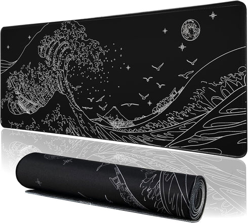 Black Gaming Laptop Mouse Pad,Sea Wave Big Mice Pads PC Keyboard Waterproof and Non-Slip 31.5 x 11.8inches 3mm Thick XL,XXL Rubber Table Mat, Kana...