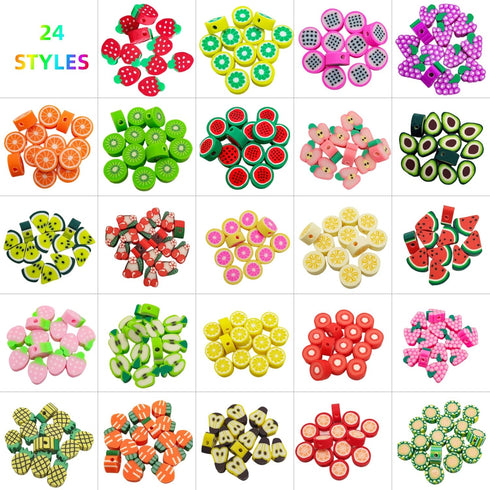 480pcs Fruits Clay Beads for Jewelry Making, 24 Styles Mixed Clay Beads Fruit Charms for Bracelet Making Kit, Polymer Heishi Beads for Women DIY N...