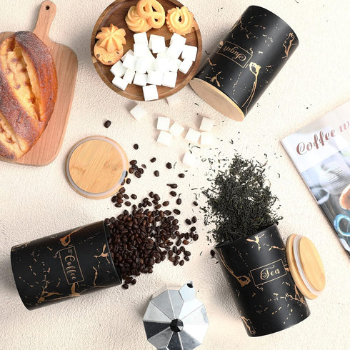 Black Kitchen Ceramic Canister Set - 1178 ML(39.83 OZ) Airtight Set of 3 Coffee Sugar Tea Storage Canisters With Airtight Lid For Food Storage,Sto...