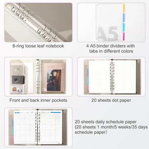 CAGIE A5 Binder 6 Ring Binder Notebook with Dividers Refillable Planner Binder with Pockets, A5 Refill Paper Include Planning Square Ruled and Dot...