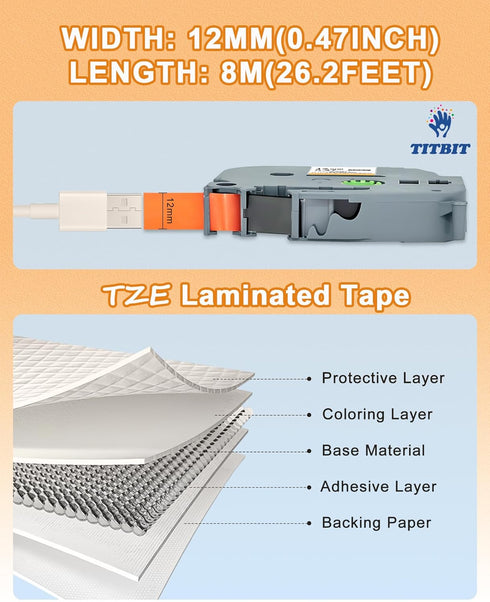 TITBIT Compatible Orange Label Tape Replacement for Brother P Touch TZ Tape 12mm 0.47 TZe-B31 Laminated Black on Fluoresent Orange Tze B31 for P T...