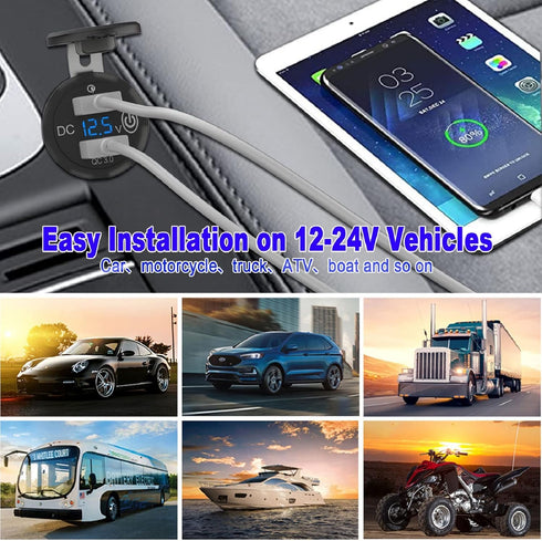 Quick Charge 3.0 12V USB Outlet, 36W Dual USB Car Charger Socket with Power Switch LED Voltmeter, Waterproof Marine Cigarette Lighter Adapter for ...