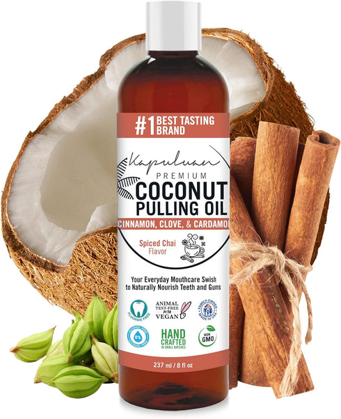 Coconut Pulling Oil for Teeth and Gums Mouthwash, 100% Pure and Natural, Non-GMO, Ayuverdic – Refreshing Spicy Chai Essential Oils...