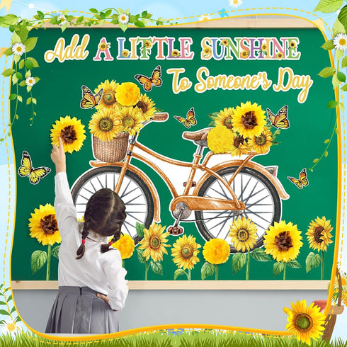 Summer Bulletin Board Decorations Set 3D Sunflowers Cutouts Bicycle Butterfly Leaves Paper Cutouts Classroom Decorations for Preschool Summer Home...
