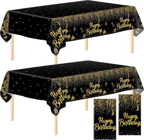 Aneco 2 Pack Black Gold Happy Birthday Tablecloths Party Table Cloth Covers Table Covers for Party Decorations Wedding Supplies, 108 x 54 Inches...