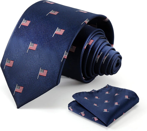 Men's American Flag Tie Set 3.27" (8.3CM) USA Flag Neckties and Pocket Square Set with Gift Box...