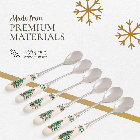 Spode Christmas Tree Teaspoons - Set of 6, Holiday Silverware for Desserts and Beverages, Stainless Steel Flatware with Porcelain Handles, 6-Inch ...