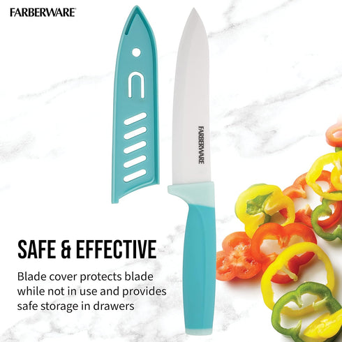 Farberware Ceramic Chef Knife with Custom-Fit Blade Cover, Razor-Sharp Kitchen Knife with Ergonomic, Soft-Grip Handle, Dishwasher-Safe, 6-inch, Aq...
