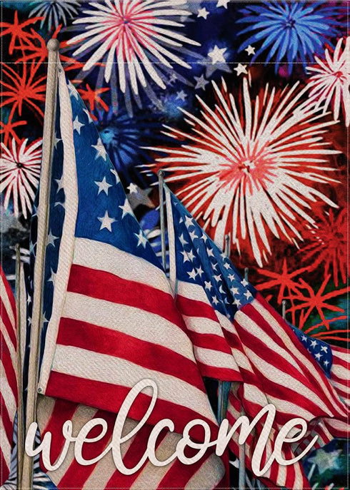Welcome July 4th Fireworks American Patriotic Garden Flag, America Memorial Day Yard Decorative Red White Blue Star Stripes Home Outside Decoratio...