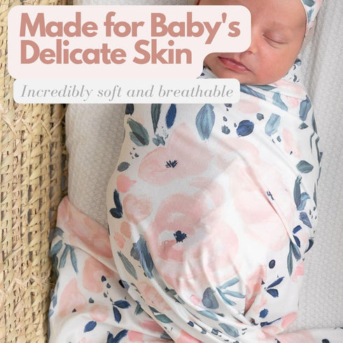 Newborn Baby Girl Receiving Blanket Swaddle Blanket Stretchy Knit Swaddle Set with Matching Headband and Beanie (Ink and Pink Floral)...