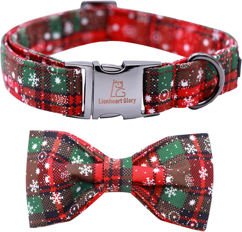 Lionheart glory Christmas Plaid Dog Collar Adjustable Soft Dog Collar with Bowtie, Pet Gift Dog Collars Bow for Small Medium Large Dogs...