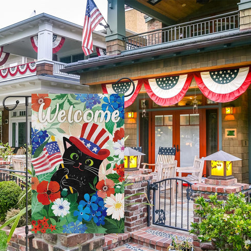 Welcome 4th of July Black Cat Garden Flag 12x18 Inch Double Sided Burlap, Patriotic USA Flag Memorial Day Flower Yard Flag for Independence Day Ou...