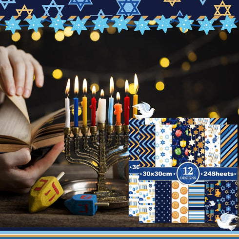 Hanukkah Candle Scrapbook Paper Pad,24 Pcs Hanukkah Double-Sided Decopodge Paper,Cardstock Paper for Scrapbooking DIY Decorative Background Cardma...