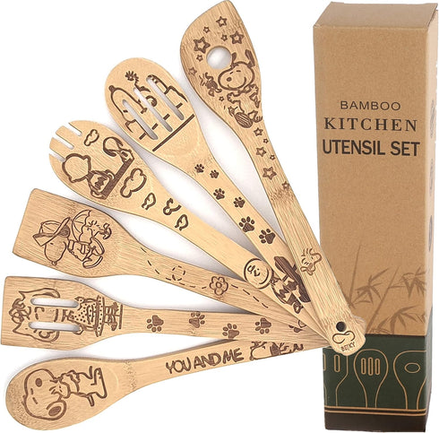 Bejky 6-Pcs Wooden Bamboo Spoons Set - Organic Food Cooking Utensils - Kitchen Accessories and Home Decor - Cookware Gifts for Women - Nonstick Ea...