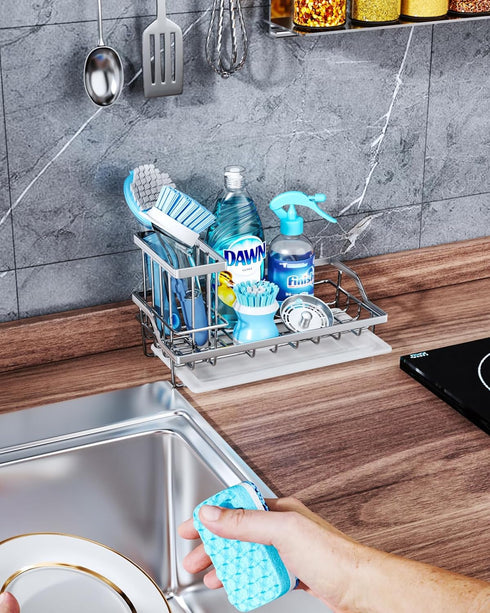 Consumest Sink Caddy-Kitchen Sponge Holder + Dish Brush Holder for Kitchen Sink, Sink Organizer with Drip Tray for Countertop Stainless Steel Rust...