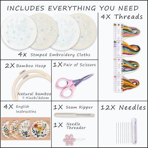 Bonroy 4 Sets Embroidery Kit for Beginners with Instructions,Cross Stitch Kits for Adults with Pattern,Needlepoint Kits for Adult Include Embroide...