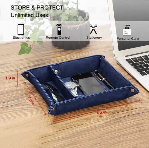 SITHON Valet Tray Desktop Storage Organizer, Removable 2 Compartments Catchall Tray Bedside Vanity Nightstand Caddy Holder Desk Storage Plate, Dar...