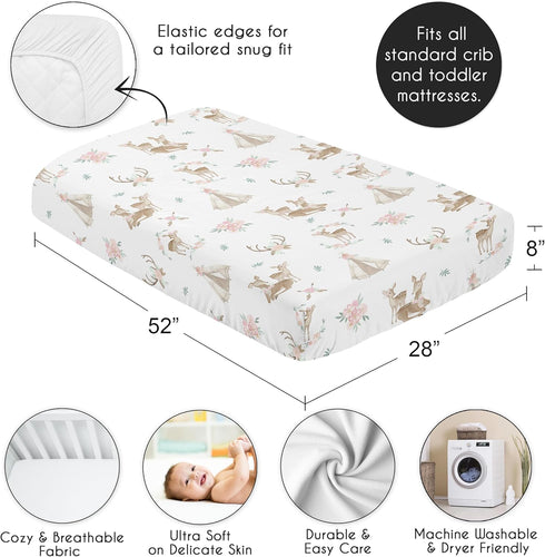 Sweet Jojo Designs Blush Pink, Mint Green and White Boho Baby or Toddler Fitted Crib Sheet for Woodland Deer Floral Collection...