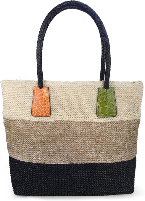 HOXIS Color Block Crocodile Pattern Stripes Woven Synthetic Straw Tote Womens Shoulder Handbag #Lovewin...