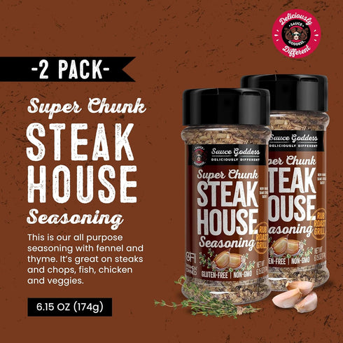 Sauce Goddess Super Chunk Steakhouse Spice Shaker (2-Pack) - Versatile, Delicious Steak Seasoning, BBQ Rub for Chops, Chicken and Veggies! Gluten-...