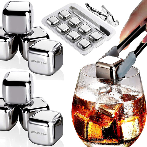 DERGUAM 8 Packs Fast-cooling 304 Stainless Steel Ice Cubes Whiskey Stones Whiskey Rocks With Wine Opener, Nonslip Ice Tong & Freezer Storage Tray ...