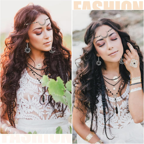 3 Pcs Halloween Gothic Sun and Moon Jewelry Set Head Chain Multilayer Star Choker Crystal Earrings (Silver,Boho)...