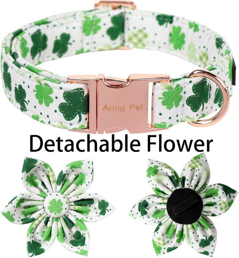 ARING PET St Patrick's Day Dog Collar-Cute Clovers Dog Collar with Flower, Adjustable Cotton Shamrock Pet Collar Puppy Collars with Metal Buckle...
