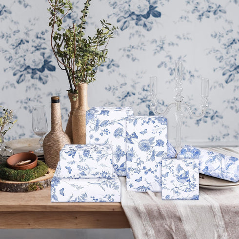 Whaline 100 Sheet Blue Floral Tissue Paper Chinoiserie Gift Wrapping Paper Blue Bird Butterfly Packaging Paper DIY Art Craft Paper for Baby Shower...