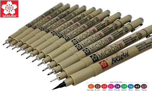 Sakura Pigma Micron pens 12 Fineliner Drawing Set (05 Assorted Color with Black Brush, 08, 01 & 05)...