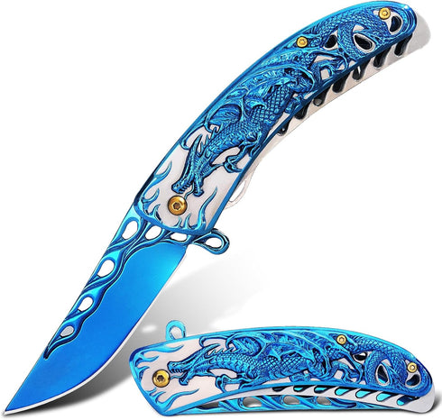 Pocket Knife for Men, Cool Folding Knife With 3D Blue Dragon Embossed Relief, Great Christmas Gift Edc Knife For Men Outdoor Survival Camping...