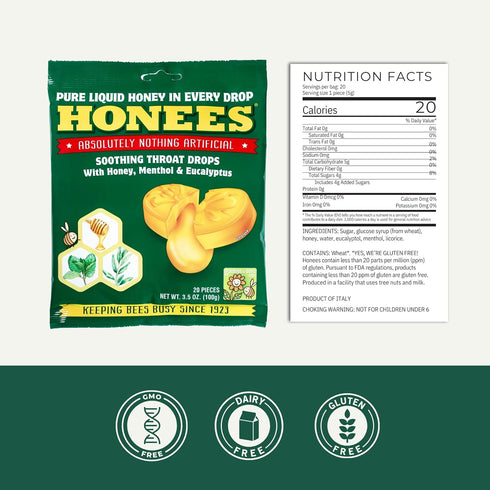 Honees Honey Filled Drops, Variety Pack (Honey and Honey Lemon)-Natural Sore Throat Relief - Throat Lozenges, Nothing Artificial - Non-GMO, Gluten...