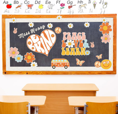 Whaline 67Pcs Retro Boho Classroom Bulletin Board Decoration Kit Pink Groovy Hippie Bulletin Board Set Daisy Heart Butterfly Cutouts with Glue Poi...