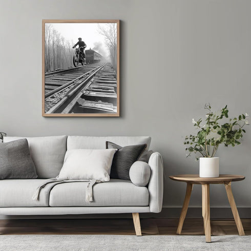 Posterizer 1 pcs-black and white photo-motorcycle on train track 2-Photography Art-Retro Art-Decor for Home & Office- unframed wall art...