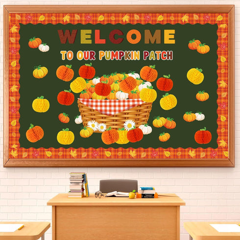79Pcs Fall Bulletin Board Decoration Set Pumpkin Basket Cut-Outs Welcome to Our Patch Honeycomb Balls Border Trims for Autumn Thanksgiving Party D...